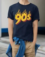 Vintage 90s Flame Retro Style Graphic T Shirt Classic - model wearing navy tee with hands in pockets