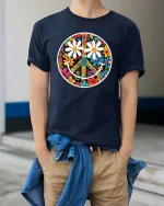 Floral Peace Smile Retro Hippie Aesthetic Graphic T Shirt - model wearing navy tee with hands in pockets