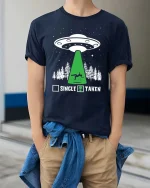 Funny Alien Abduction Taken Humor UFO Graphic T Shirt - model wearing navy tee with hands in pockets