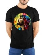 Stained Glass Jesus Crown of Thorns Faith Art T Shirt - model wearing black tee with hands behind back