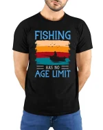 Fishing Has No Age Limit Vintage Sunset Graphic T Shirt - model wearing black tee with hands behind back