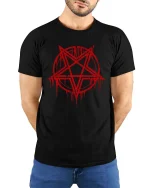 Gothic Pentagram Dark Occult Symbol Graphic T Shirt - model wearing black tee with hands behind back