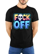 Bold Skull Attitude Humor Graphic Statement T Shirt - model wearing black tee with hands behind back