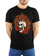 Vintage Burning Skull Flame Retro Graphic T Shirt - model wearing black tee with hands behind back