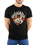 Flame Hand Rock Gesture Retro Edgy Graphic T Shirt - model wearing black tee with hands behind back