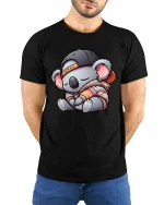 Cute Sleepy Koala Hoodie Cap Kawaii Graphic T Shirt - model wearing black tee with hands behind back