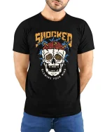 Shocked Skull Blowing Your Mind Retro Graphic T Shirt - model wearing black tee with hands behind back