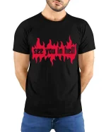 See You In Hell Flame Gothic Dark Graphic T Shirt - model wearing black tee with hands behind back