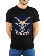 Hell Rider Skull Horns Gothic Biker Graphic T Shirt - model wearing black tee with hands behind back