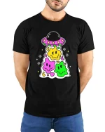 Cute UFO Smiley Alien Kawaii Cartoon Graphic T Shirt - model wearing black tee with hands behind back