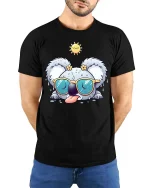 Funny Sweaty Koala With Sunglasses Cute Summer T Shirt - model wearing black tee with hands behind back