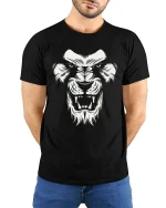 Fierce Lion Head Bold Wild Animal Graphic T Shirt - model wearing black tee with hands behind back