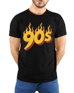 Vintage 90s Flame Retro Style Graphic T Shirt Classic - model wearing black tee with hands behind back