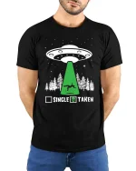 Funny Alien Abduction Taken Humor UFO Graphic T Shirt - model wearing black tee with hands behind back