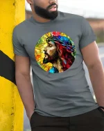 Stained Glass Jesus Crown of Thorns Faith Art T Shirt - model wearing grey tee, leaning on column