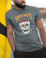 Shocked Skull Blowing Your Mind Retro Graphic T Shirt - model wearing grey tee, leaning on column