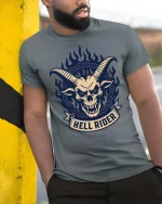 Hell Rider Skull Horns Gothic Biker Graphic T Shirt - model wearing grey tee, leaning on column