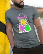 Cute UFO Smiley Alien Kawaii Cartoon Graphic T Shirt - model wearing grey tee, leaning on column