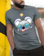 Funny Sweaty Koala With Sunglasses Cute Summer T Shirt - model wearing grey tee, leaning on column