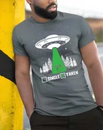 Funny Alien Abduction Taken Humor UFO Graphic T Shirt - model wearing grey tee, leaning on column