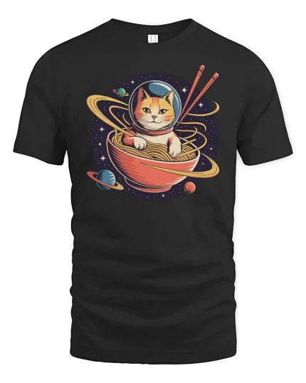 Space Cat Ramen Galaxy Funny Graphic t-shirt Soft Feel - black t-shirt on white background