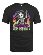 Drop Dead Beats Skeleton DJ Neon Music Graphic t-shirt - black t-shirt on white background