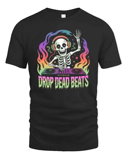 Drop Dead Beats Skeleton DJ Neon Music Graphic t-shirt - black t-shirt on white background