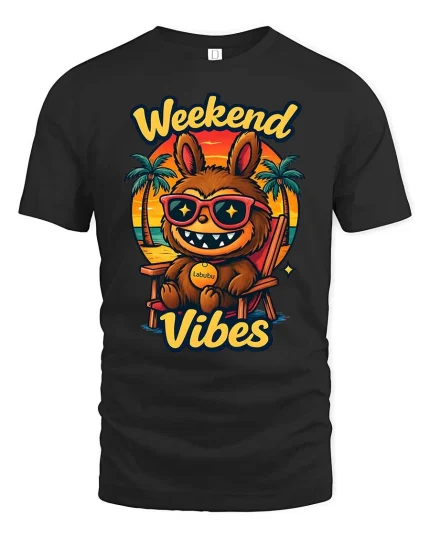 Weekend Vibes Funny Beach Cartoon Character t-shirt Soft - black t-shirt on white background