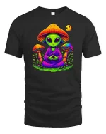 Meditating Alien Mushroom Psychedelic Graphic t-shirt - black t-shirt on white background