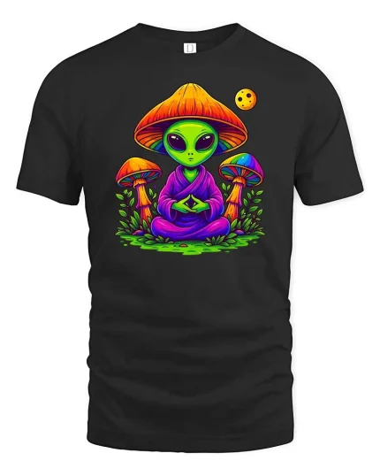 Meditating Alien Mushroom Psychedelic Graphic t-shirt - black t-shirt on white background