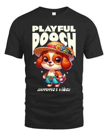 Playful Dog Summer Vibes Cute Cartoon Style t-shirt Soft - black t-shirt on white background