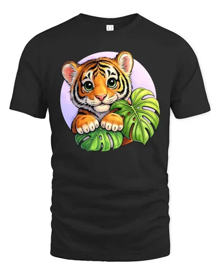 Cute Baby Tiger Jungle Leaves Cartoon Style t-shirt Soft - black t-shirt on white background