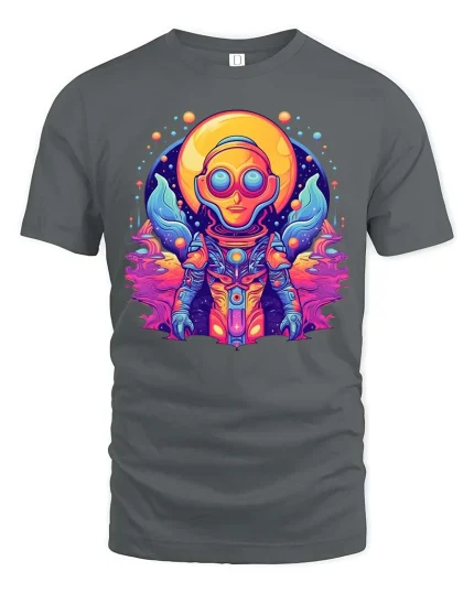 Psychedelic Space Astronaut Neon Galaxy Graphic t-shirt - gray t-shirt on white background