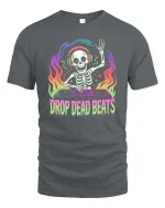 Drop Dead Beats Skeleton DJ Neon Music Graphic t-shirt - gray t-shirt on white background