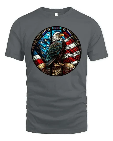 Patriotic Eagle American Flag Stained Glass Style t-shirt - gray t-shirt on white background