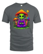 Meditating Alien Mushroom Psychedelic Graphic t-shirt - gray t-shirt on white background