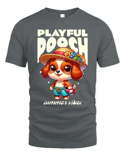Playful Dog Summer Vibes Cute Cartoon Style t-shirt Soft - gray t-shirt on white background