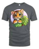 Cute Baby Tiger Jungle Leaves Cartoon Style t-shirt Soft - gray t-shirt on white background
