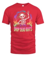 Drop Dead Beats Skeleton DJ Neon Music Graphic t-shirt - red t-shirt on white background