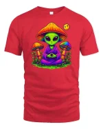 Meditating Alien Mushroom Psychedelic Graphic t-shirt - red t-shirt on white background