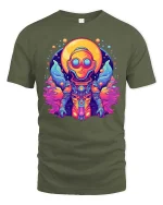 Psychedelic Space Astronaut Neon Galaxy Graphic t-shirt - military green t-shirt on white background