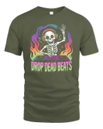 Drop Dead Beats Skeleton DJ Neon Music Graphic t-shirt - military green t-shirt on white background
