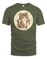 Cute Taurus Cat Zodiac Cartoon Graphic t-shirt Soft Feel - military green t-shirt on white background