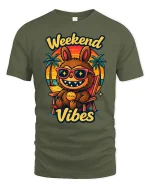 Weekend Vibes Funny Beach Cartoon Character t-shirt Soft - military green t-shirt on white background