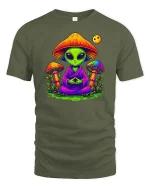 Meditating Alien Mushroom Psychedelic Graphic t-shirt - military green t-shirt on white background