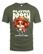 Playful Dog Summer Vibes Cute Cartoon Style t-shirt Soft - military green t-shirt on white background