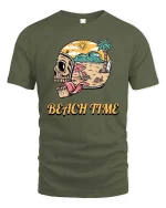 Skull Beach Time Summer Vibes Graphic t-shirt Soft Feel - military green t-shirt on white background
