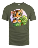 Cute Baby Tiger Jungle Leaves Cartoon Style t-shirt Soft - military green t-shirt on white background