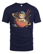 Space Cat Ramen Galaxy Funny Graphic t-shirt Soft Feel - navy t-shirt on white background