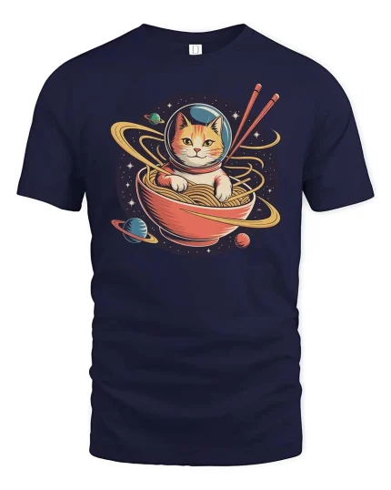 Space Cat Ramen Galaxy Funny Graphic t-shirt Soft Feel - navy t-shirt on white background
